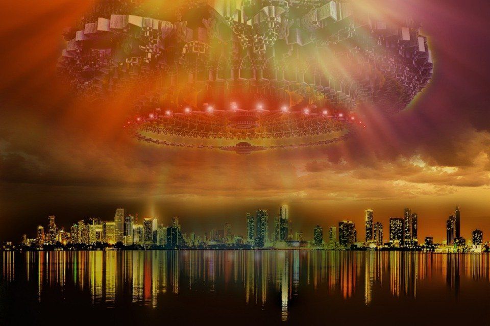 Futuristic, Ufo, Aliens, City, Rays, Skyline, Lake