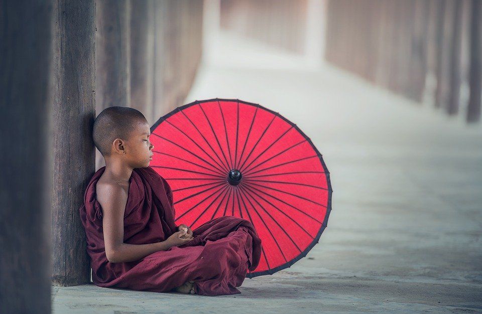 Boy, Monk, Umbrella, Child, Kid, Sitting, Rest, Relax