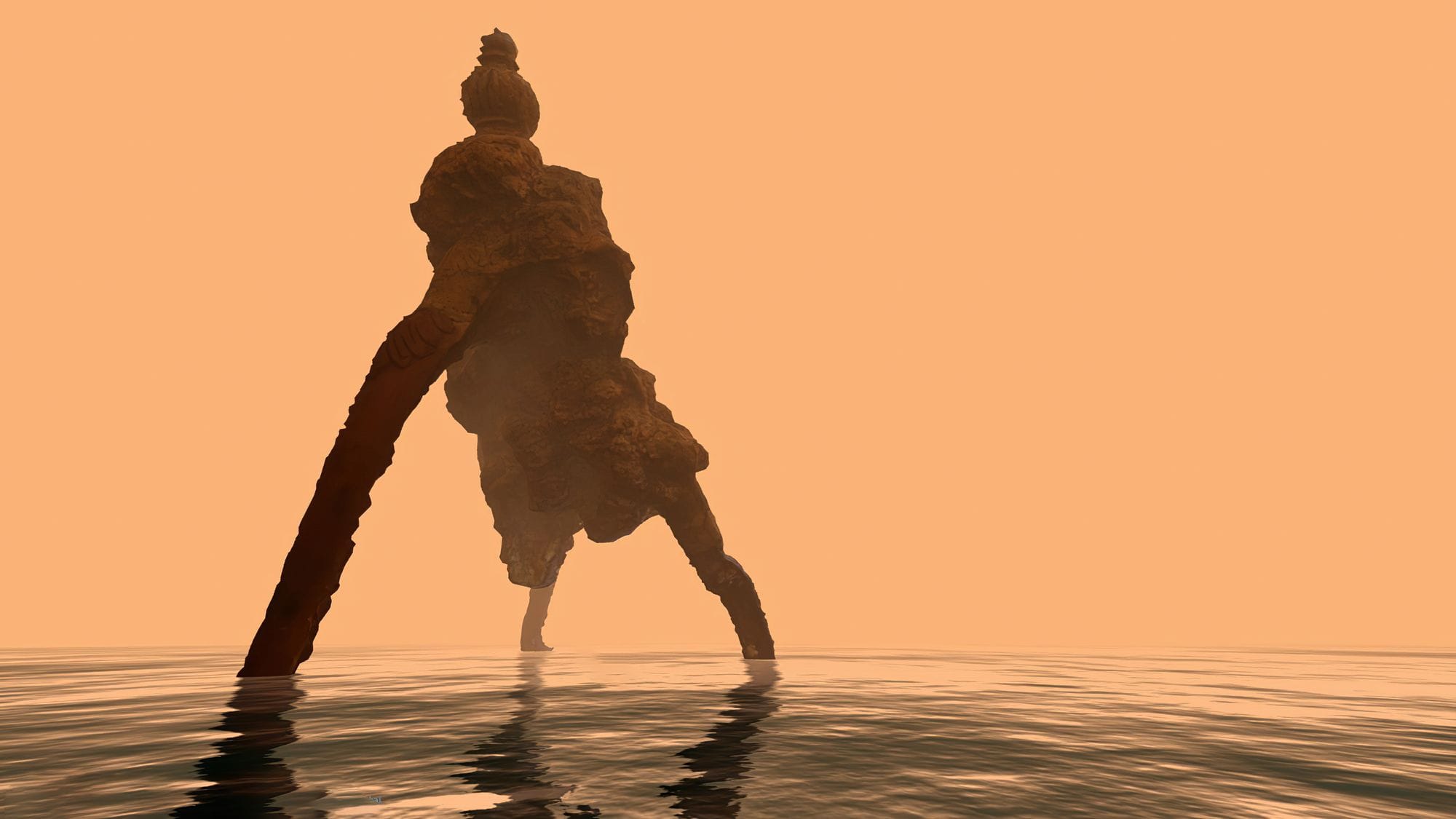 A sculptural creature with long legs stands in shallow water against an orange sky