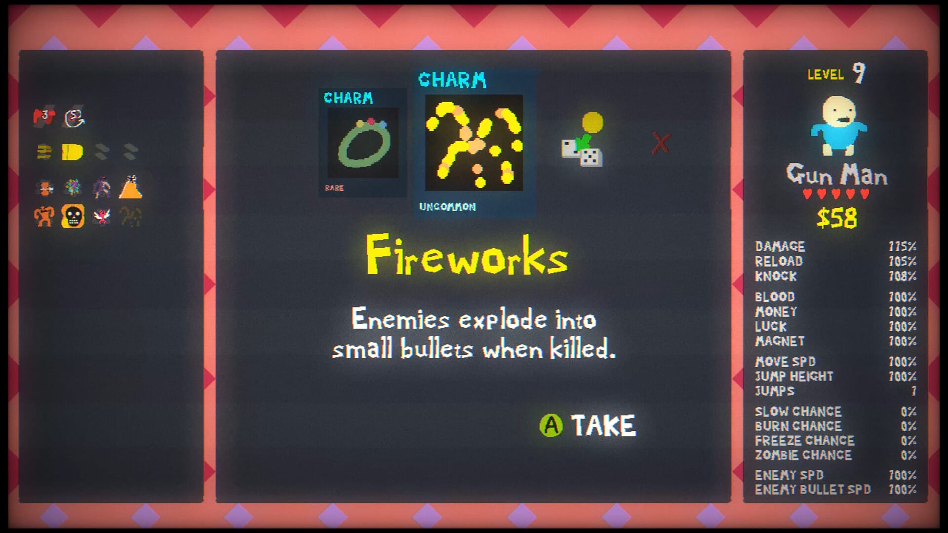 An upgrade screen offering the Fireworks charm, which makes enemies explode into small bullets, in Blood Dungeon