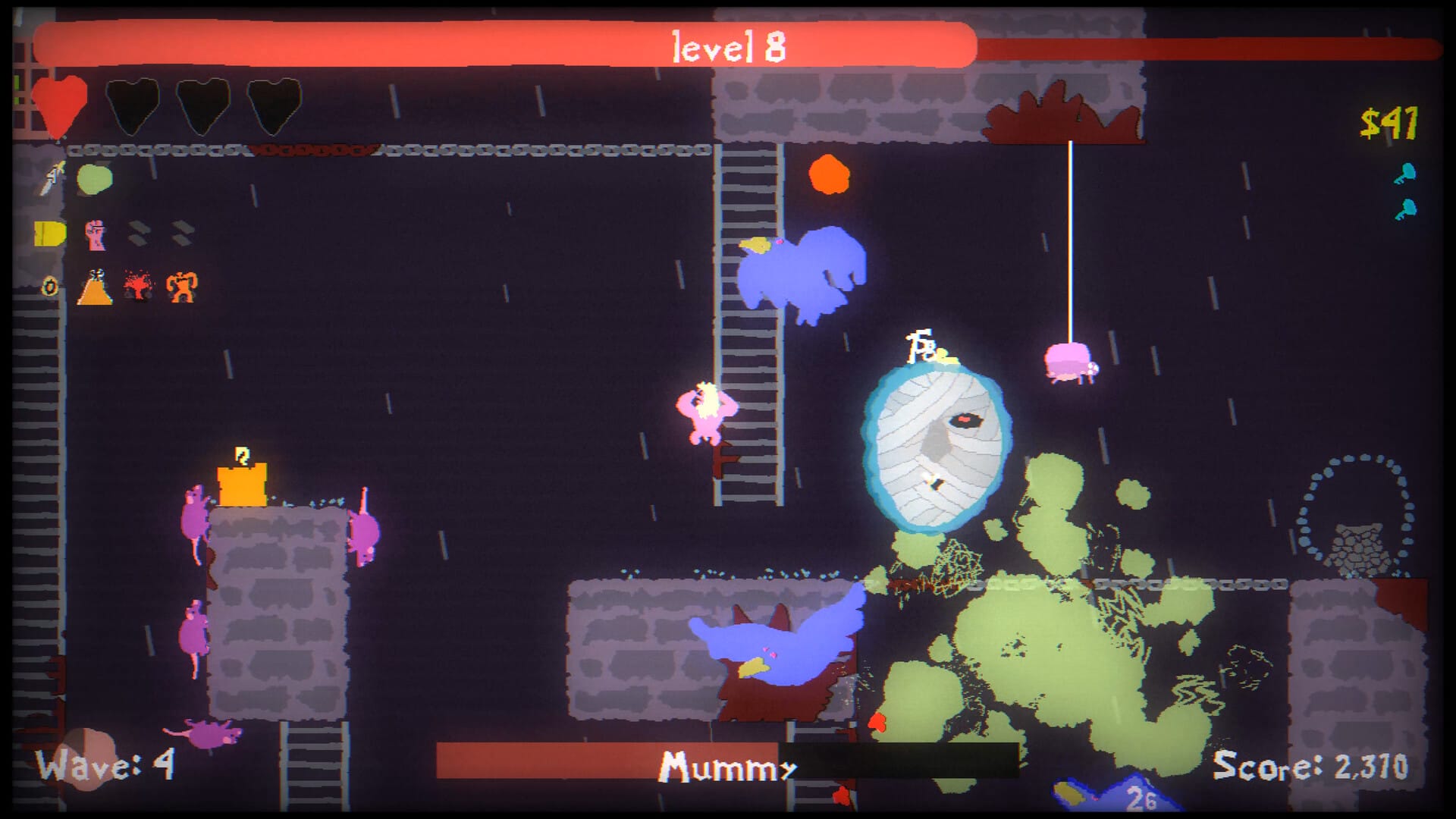 A round creature bursts into green splatter across a stone dungeon in Blood Dungeon