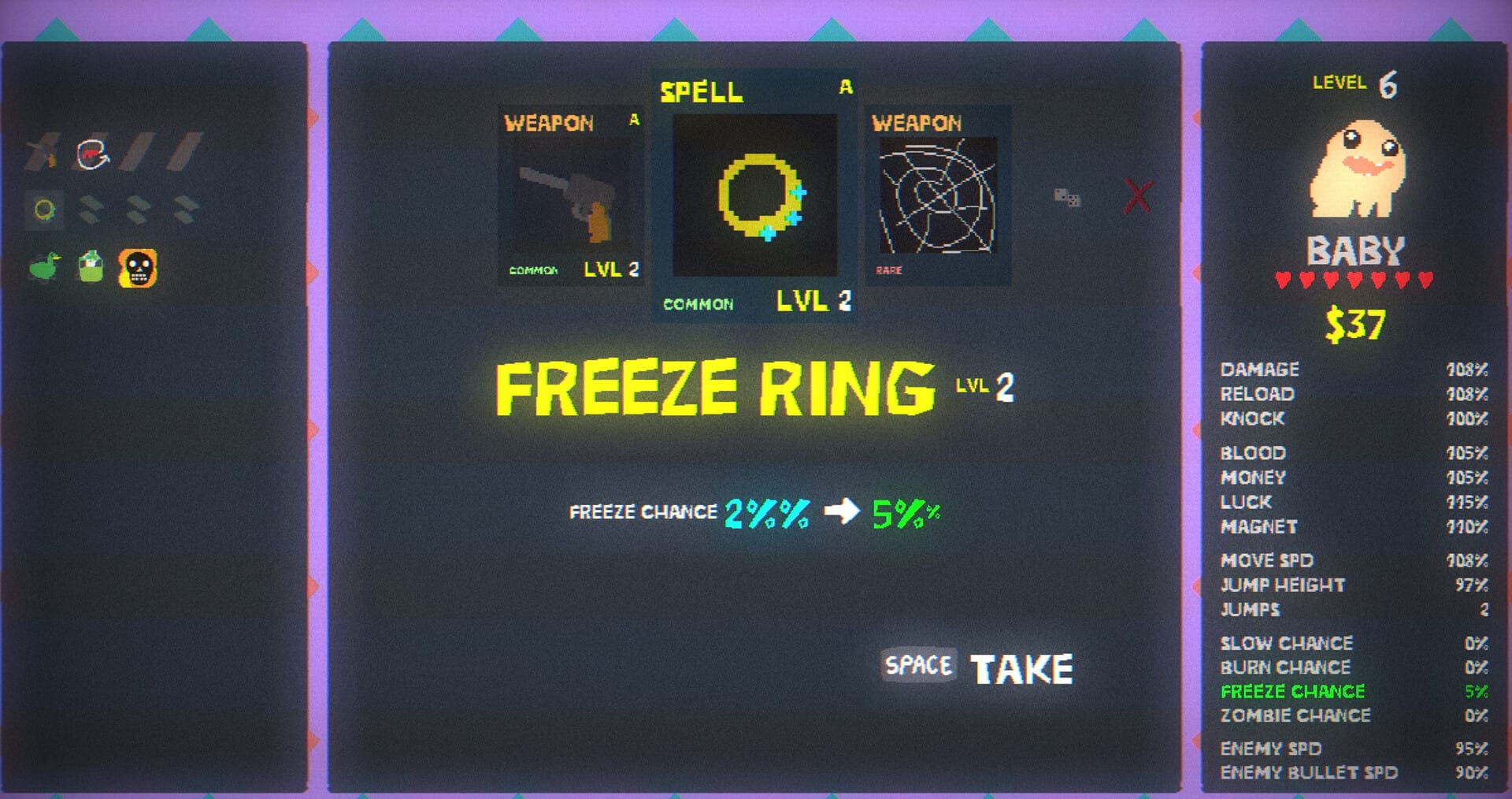 An upgrade screen offering the Freeze Ring weapon beside a character named Baby in Blood Dungeon