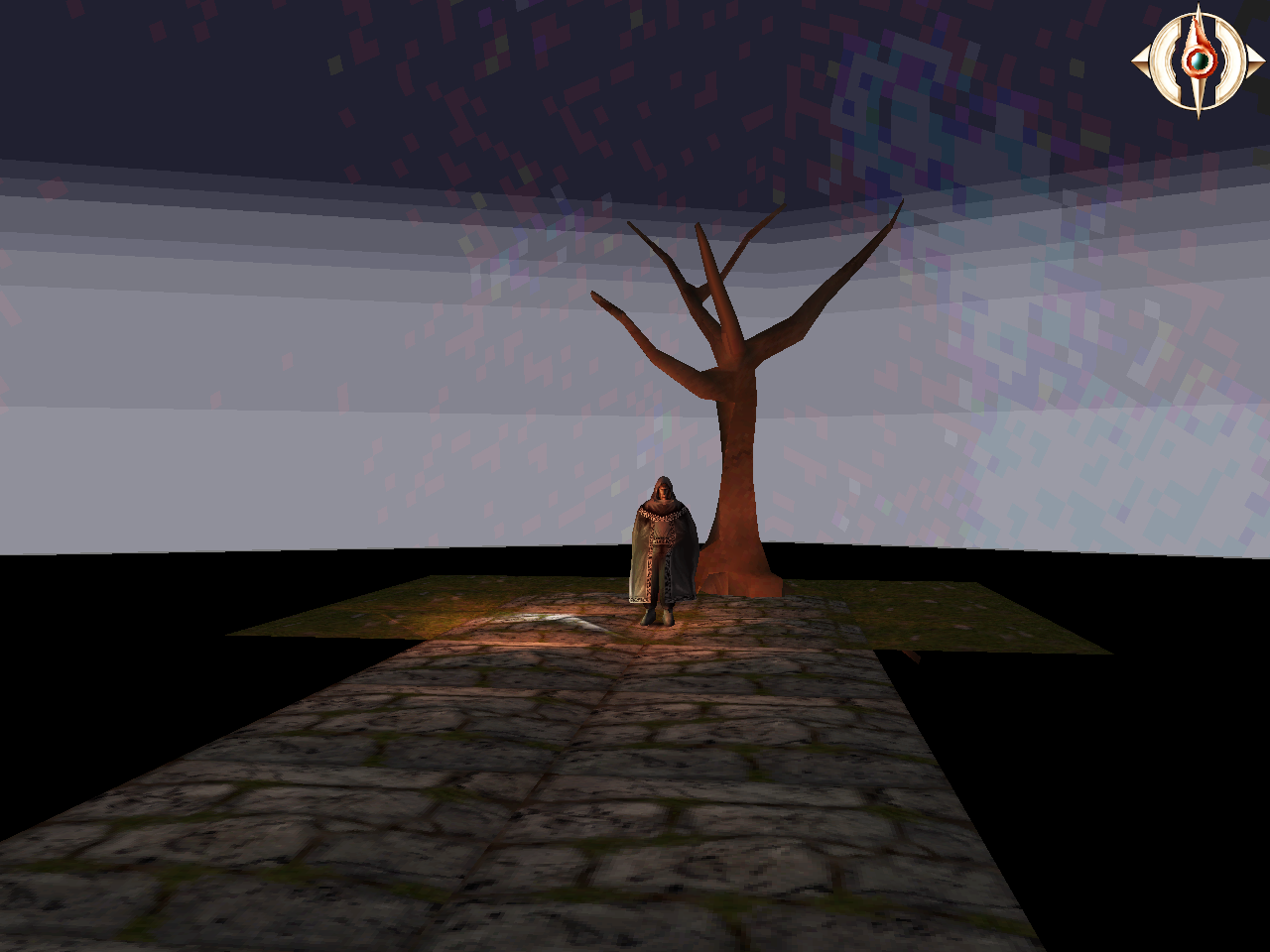 A dim monastery interior rendered in the low-polygon style of a 2000-era RPG engine