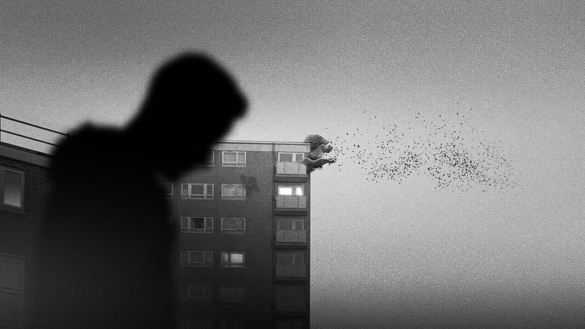 A hooded figure stands before a tower block as a swarm of birds passes in Signet City
