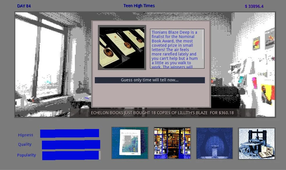 Pixel-art management game interface showing a small publishing office