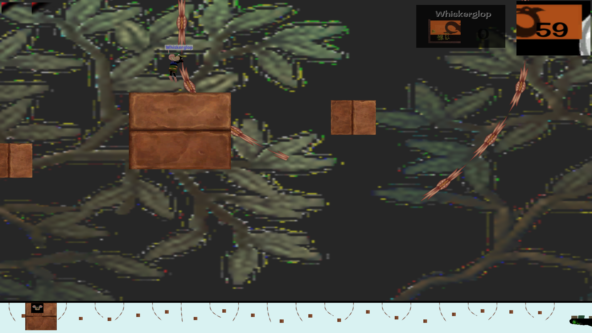 A character climbs glitched tree branches in a platforming scene from TEXTURETOWN