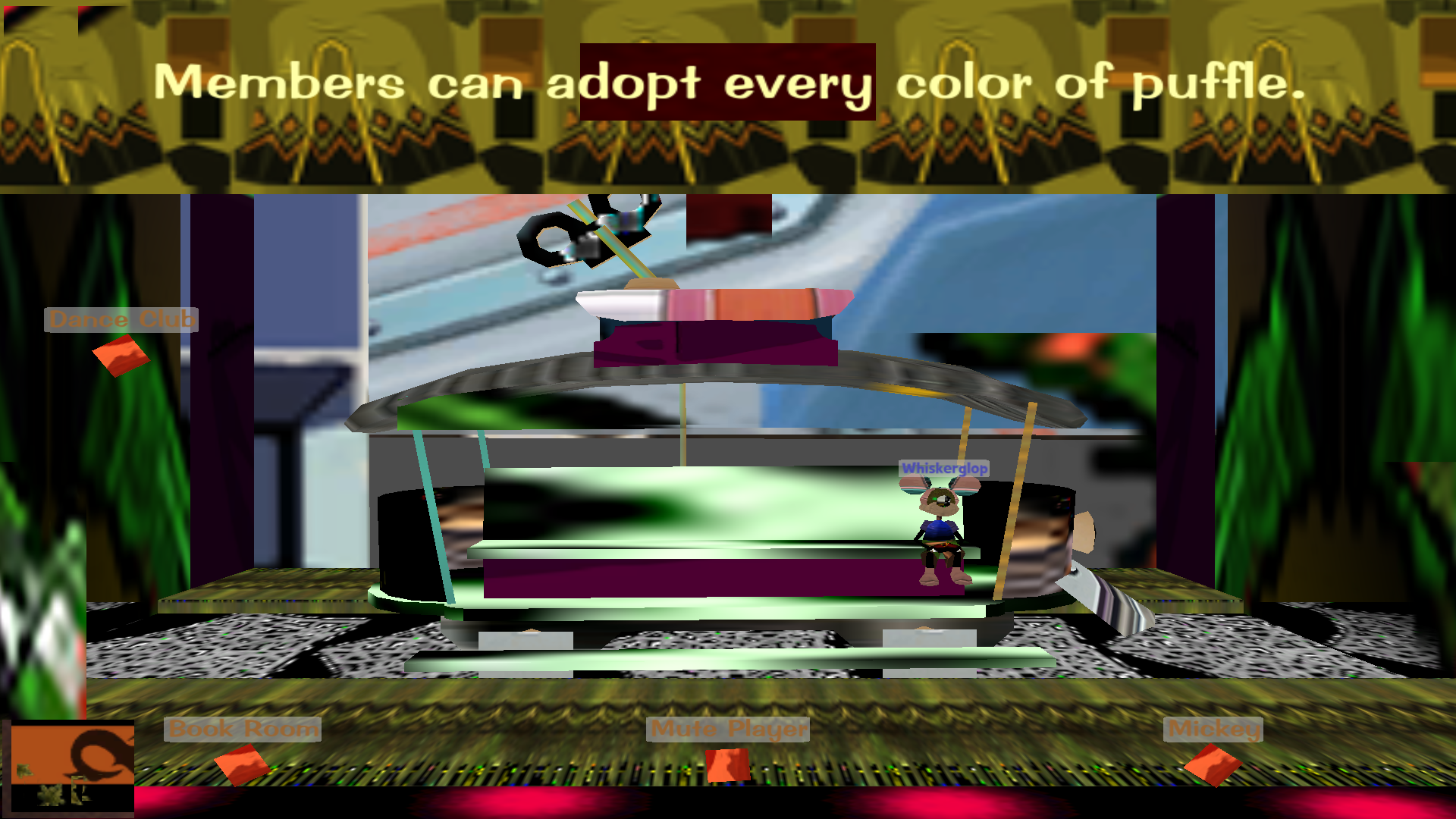 A banner reading Members can adopt every color of puffle hangs over a glitched 3D room in TEXTURETOWN