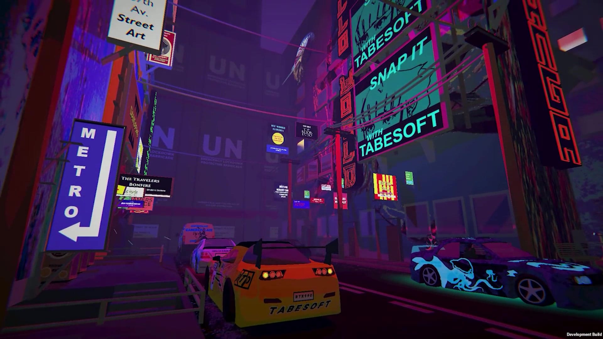 Neon streets under UN signage in Umurangi Generation