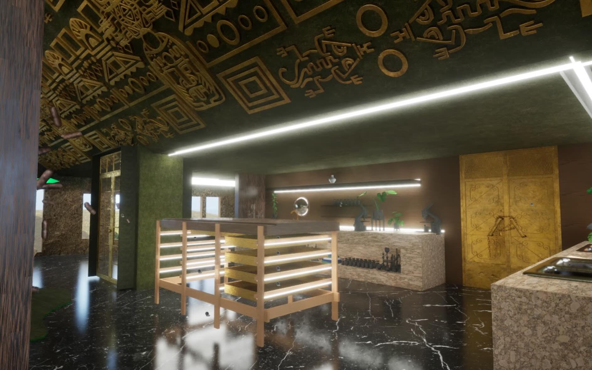 A gallery interior in the Biodesign Museum, patterned gold ceiling above glass vitrines