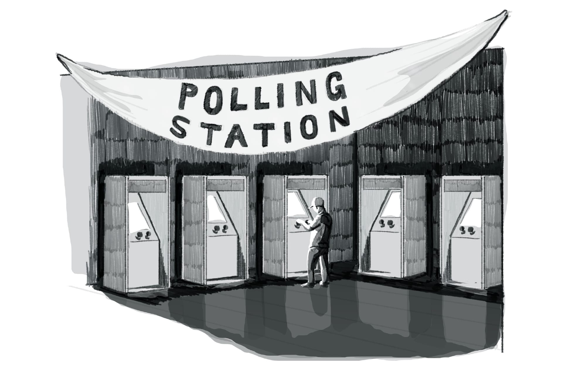 Ink illustration of a row of voting booths beneath a banner reading Polling Station