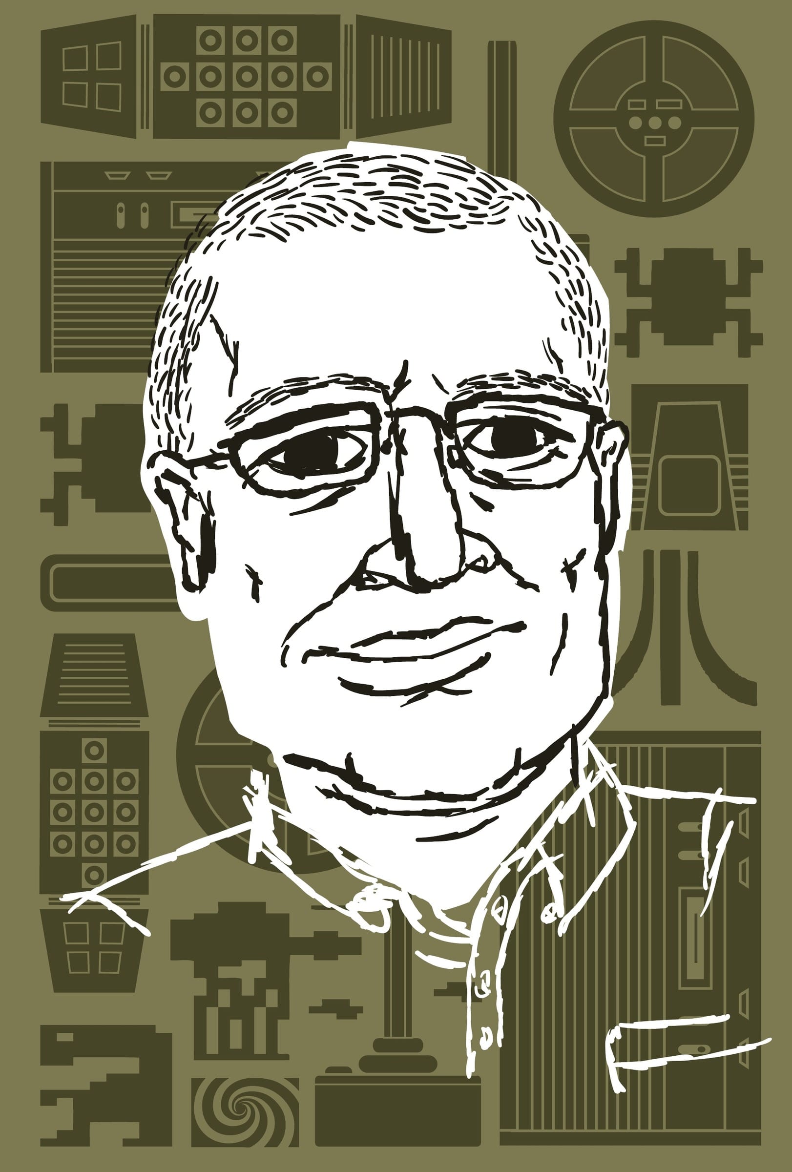 A line portrait of Rich Stearns in glasses against an olive field of drawn arcade cabinets.