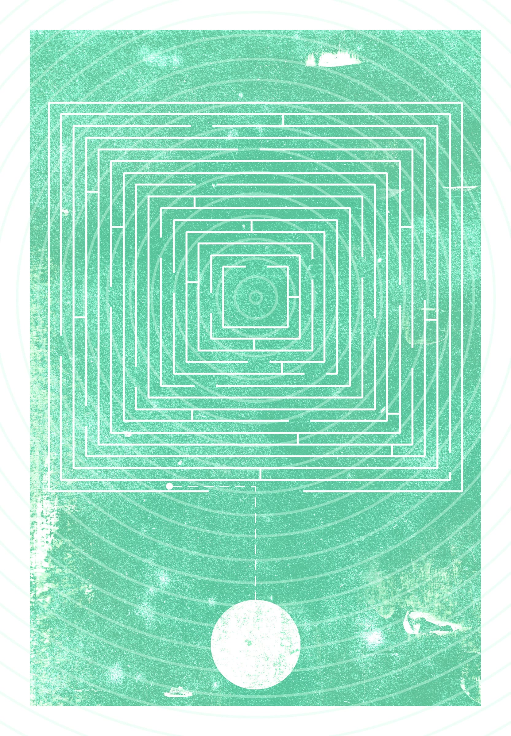 Concentric teal rectangles spiralling inward on a printed field of stars, a white circle low in the frame.