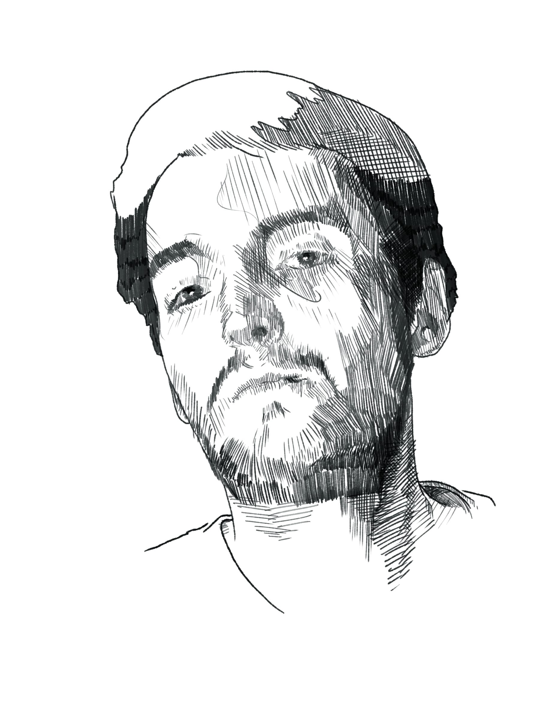 Pen-and-ink portrait of Ivan Notaros in a knit cap