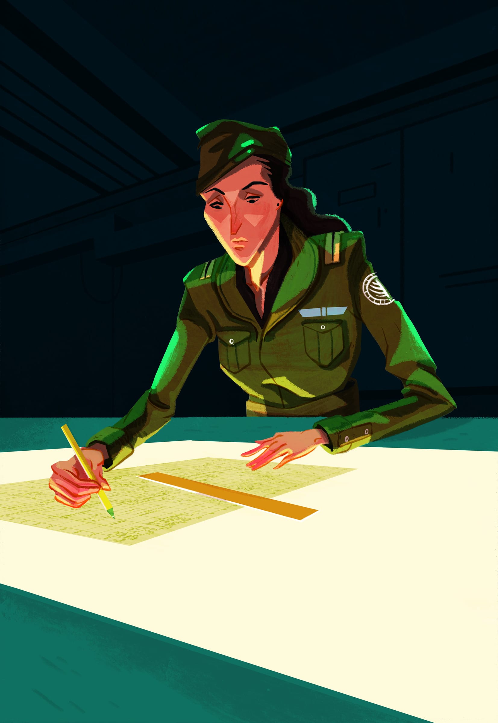 A stylized figure in uniform leans over a table, drawing on a large sheet of paper with a ruler.