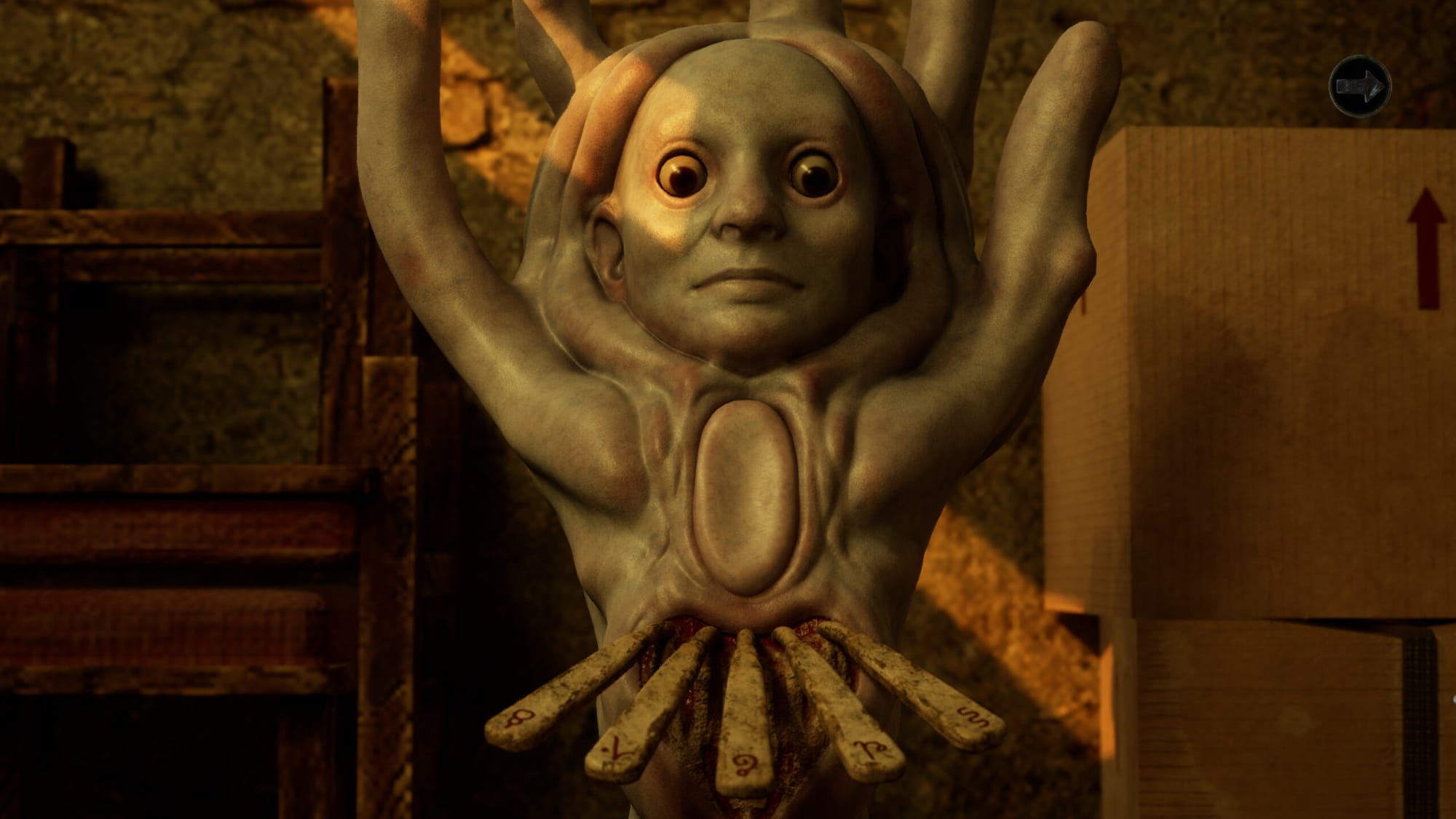 A fleshy humanoid statue with outstretched arms from Something Beautiful