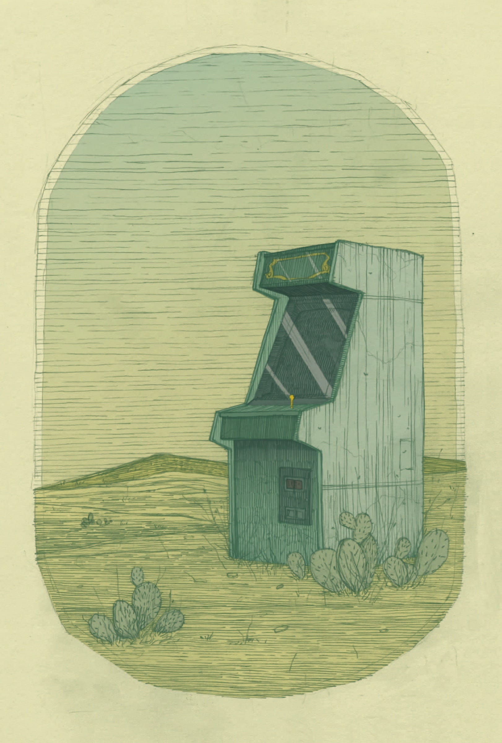 A muted painting of a lone arcade cabinet standing in an empty field of scrub grass.