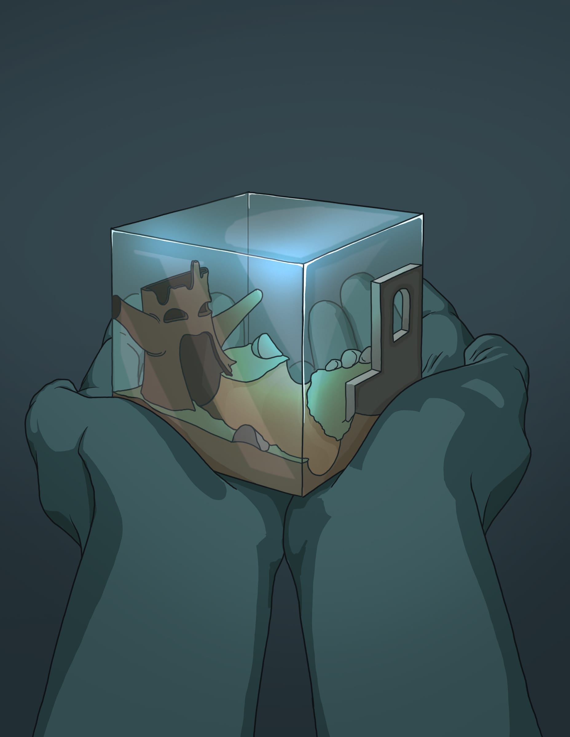 Illustration of two hands cradling a glowing cube that holds a tiny game landscape