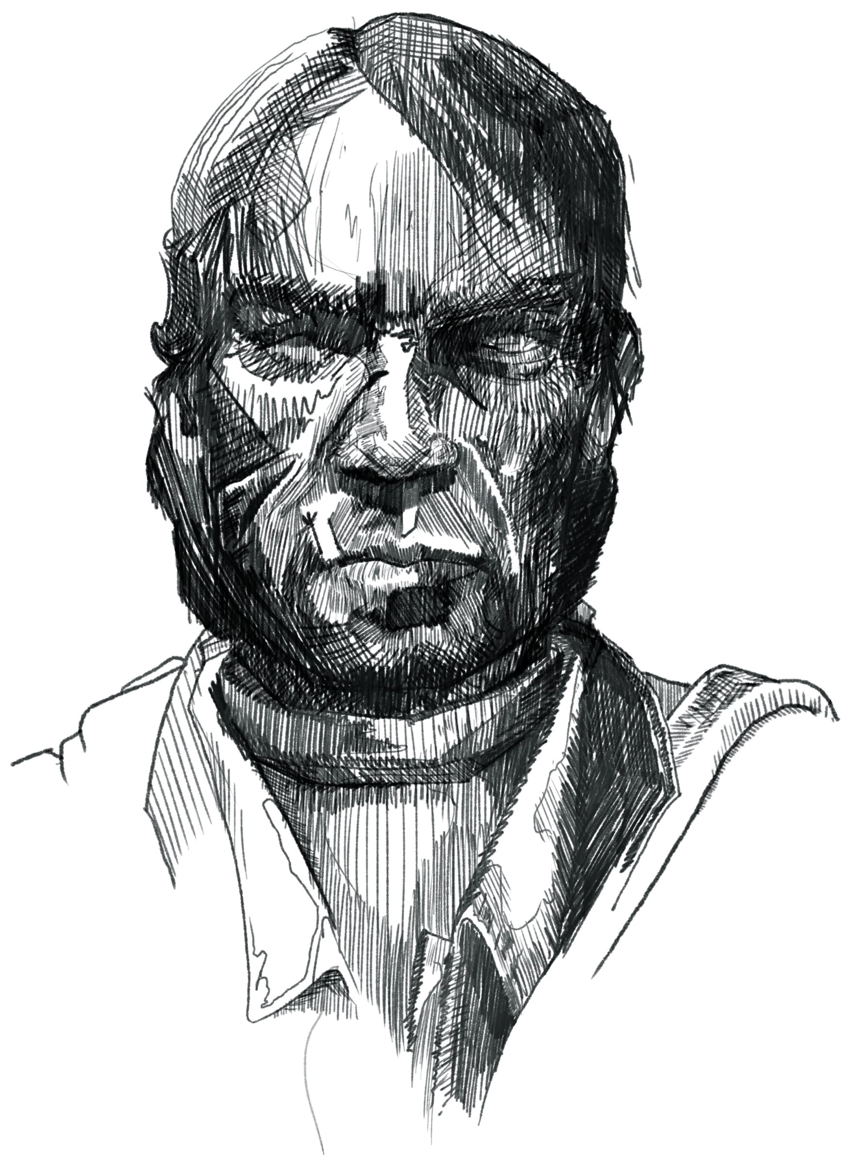 Pen-and-ink portrait of Red Dead Redemption outlaw John Marston, his face scarred