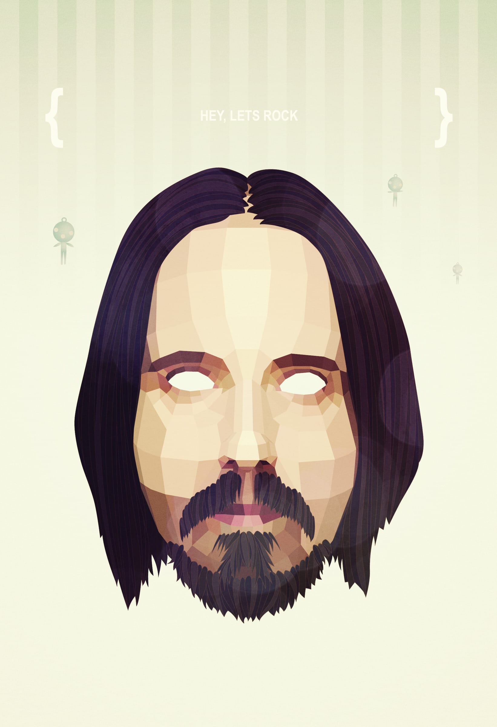 A faceted portrait of Jim Guthrie with long dark hair and a moustache, eyes rendered as blank white, on a pale striped ground
