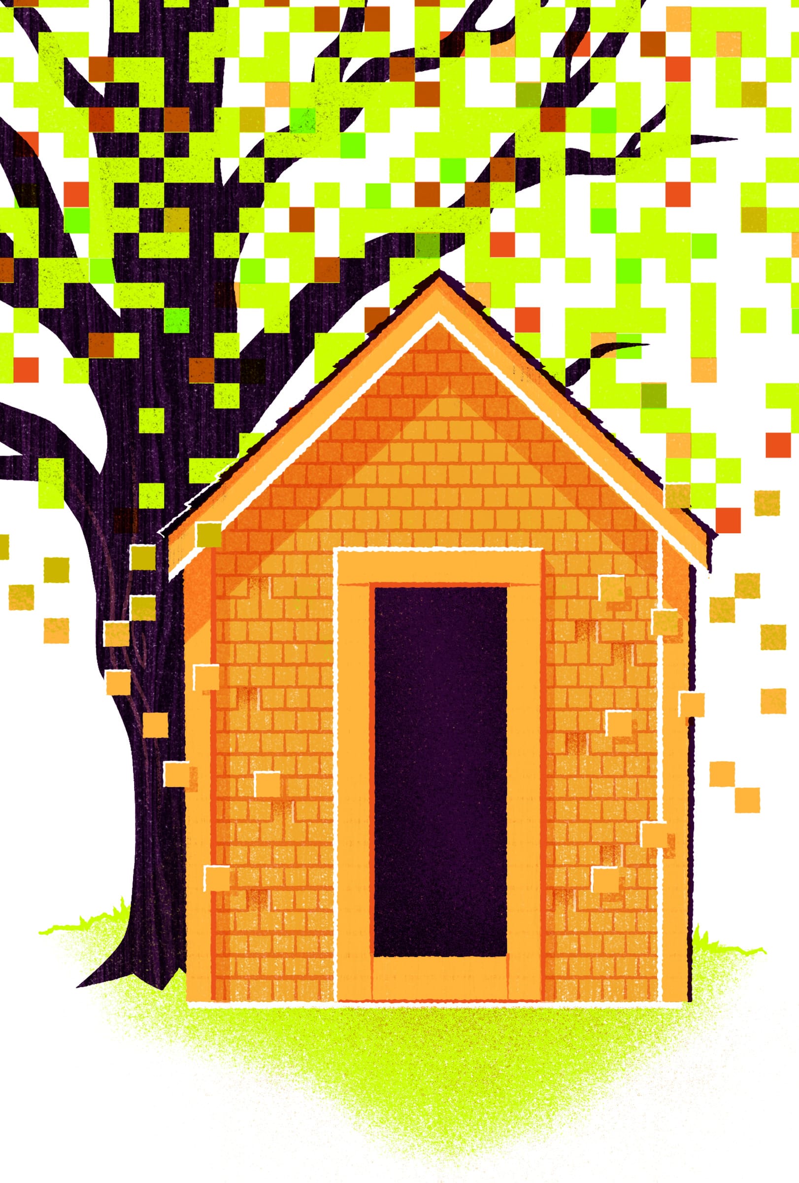 A small orange cabin under a bare tree, both dissolving into green and yellow pixels.