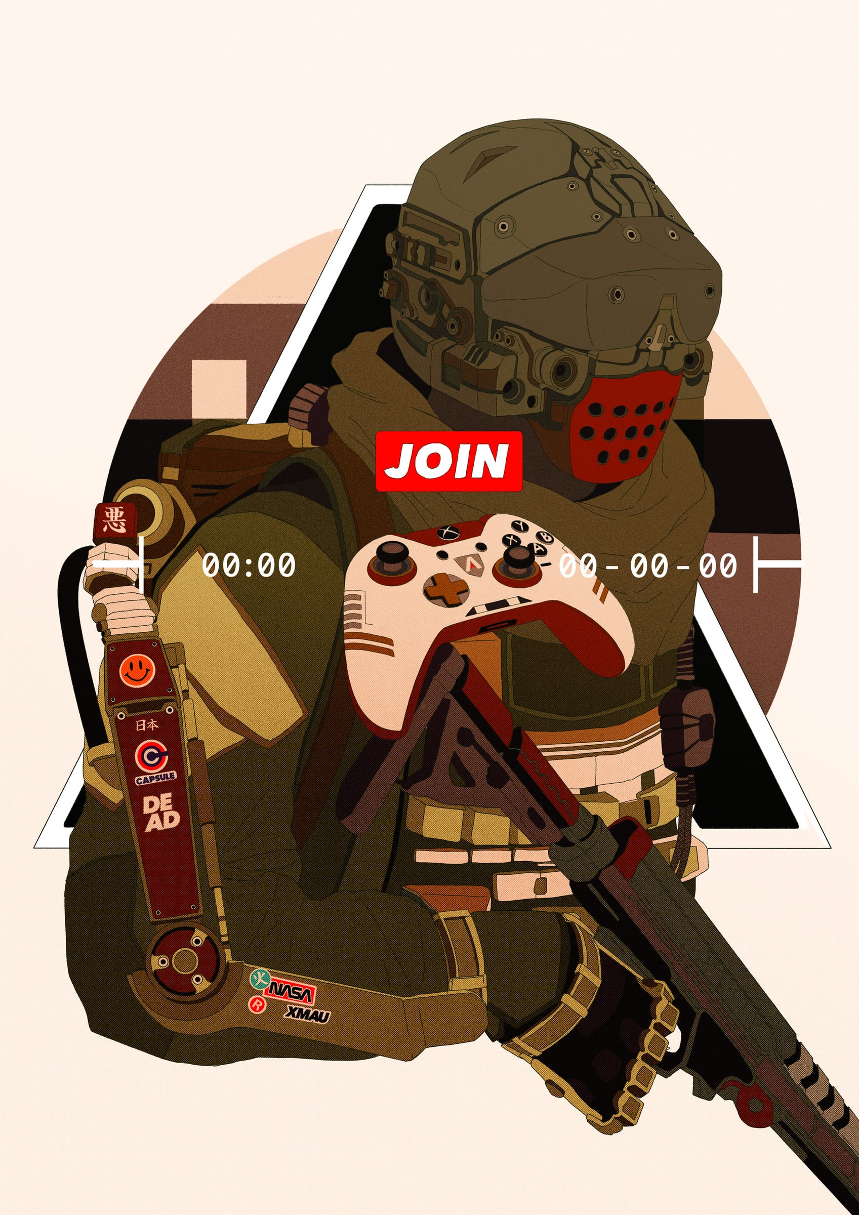 Illustration of a helmeted soldier holding a rifle and a game controller, a red JOIN patch on his chest