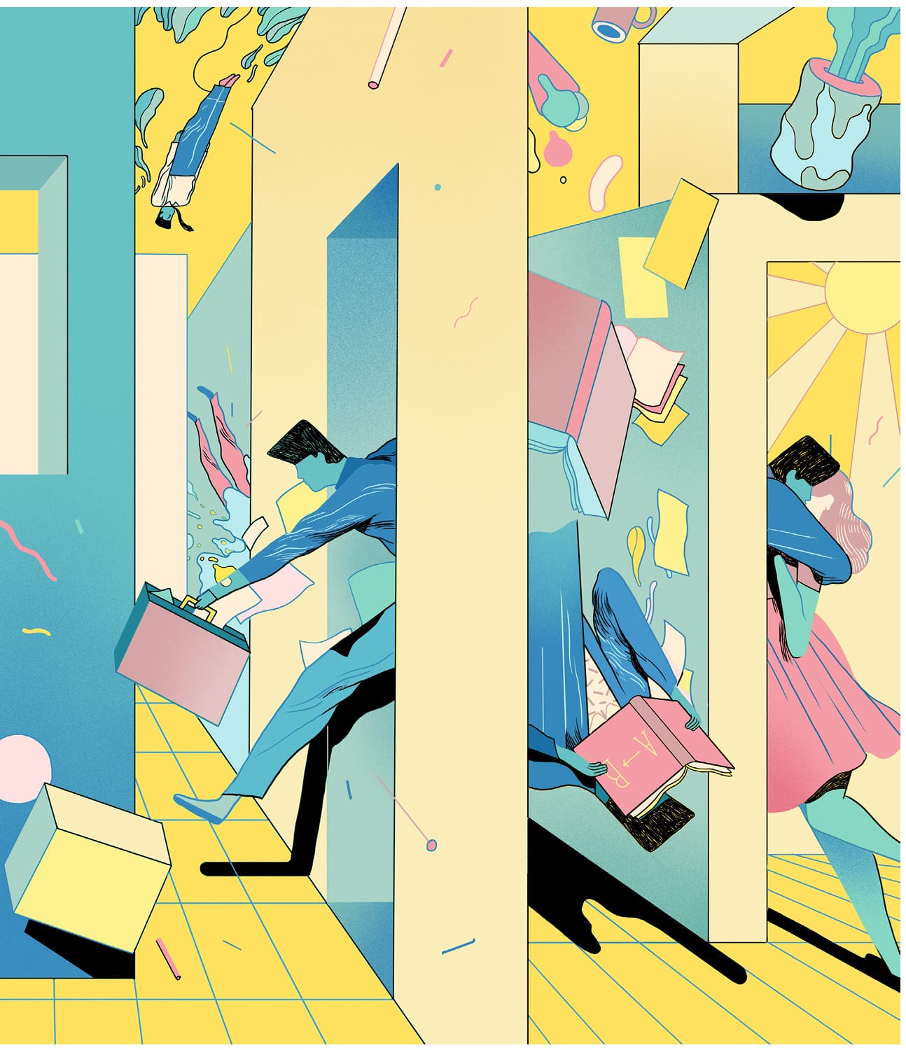 Colorful illustration of small figures leaping between tall yellow and teal doorways