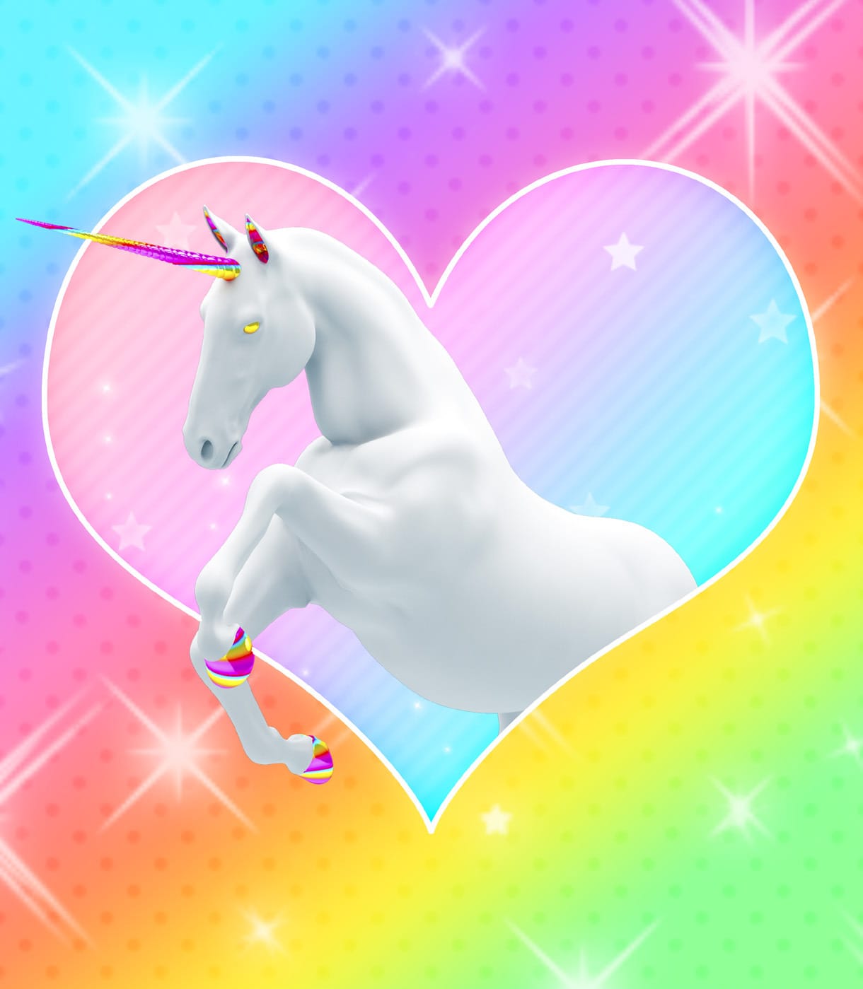 A white unicorn leaping through a pink heart against a rainbow gradient scattered with stars