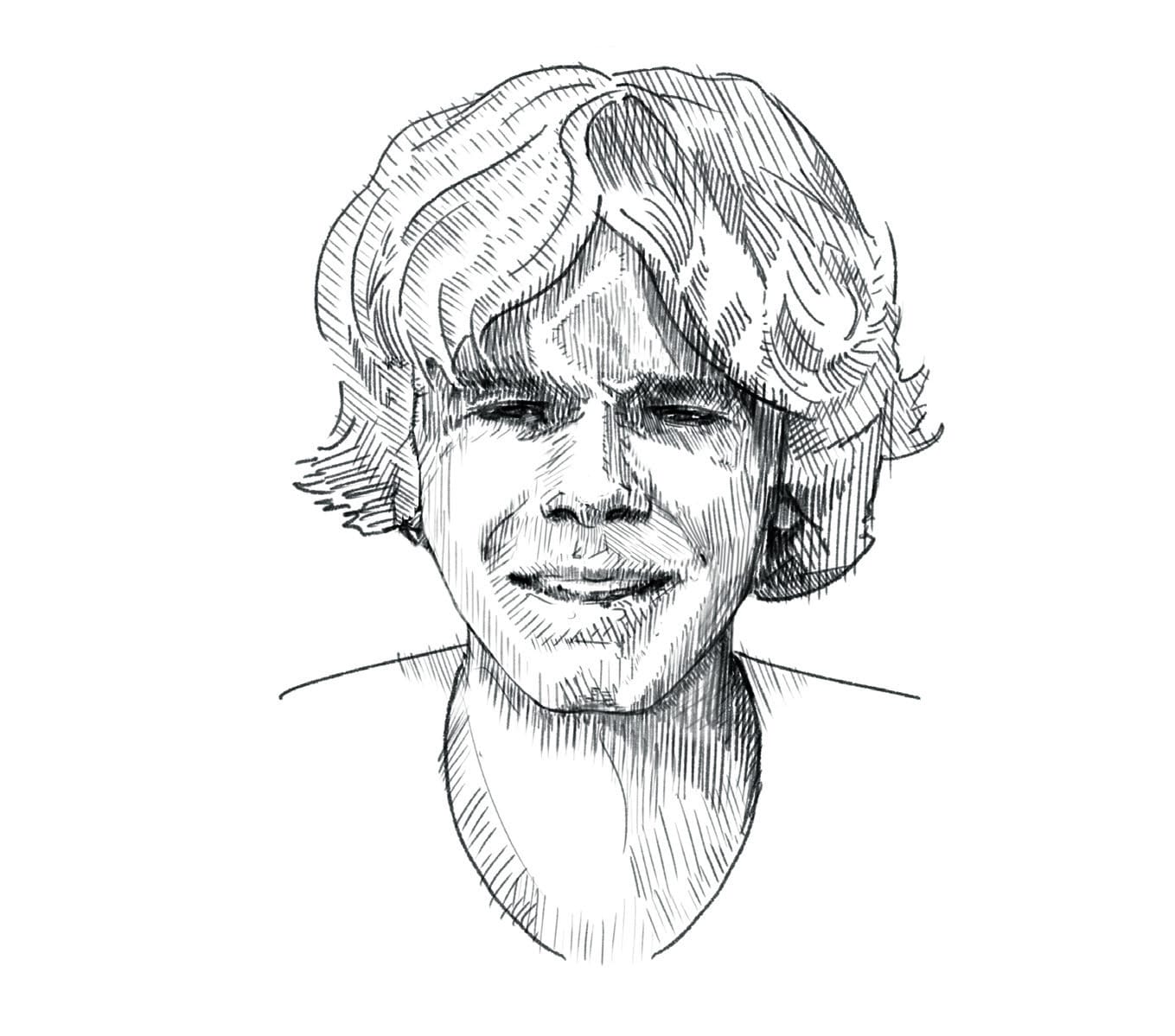 Pen and ink portrait of Tom van den Boogaart, curly-haired and facing the viewer
