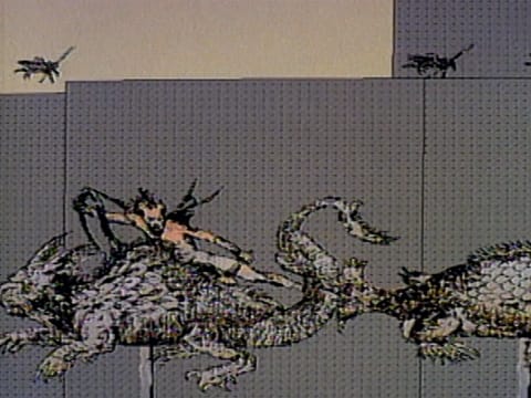 Chimeric creatures rendered in 1991 computer graphics above a dotted grid floor