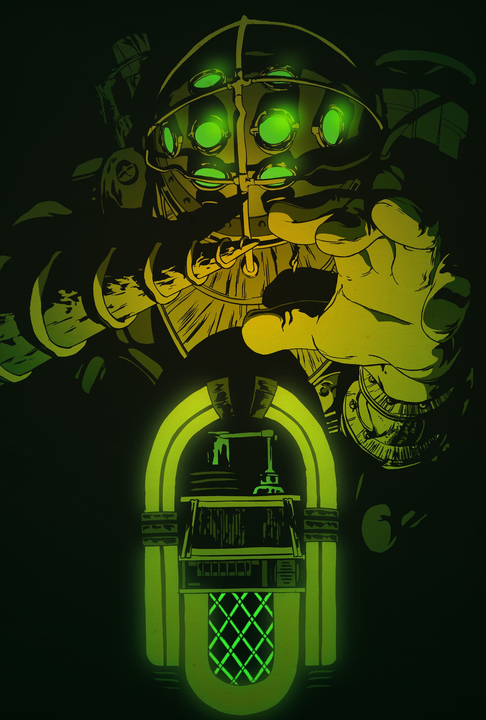 A Big Daddy diving suit rendered in sickly green and gold, a Circus of Values vending machine set into its chest.