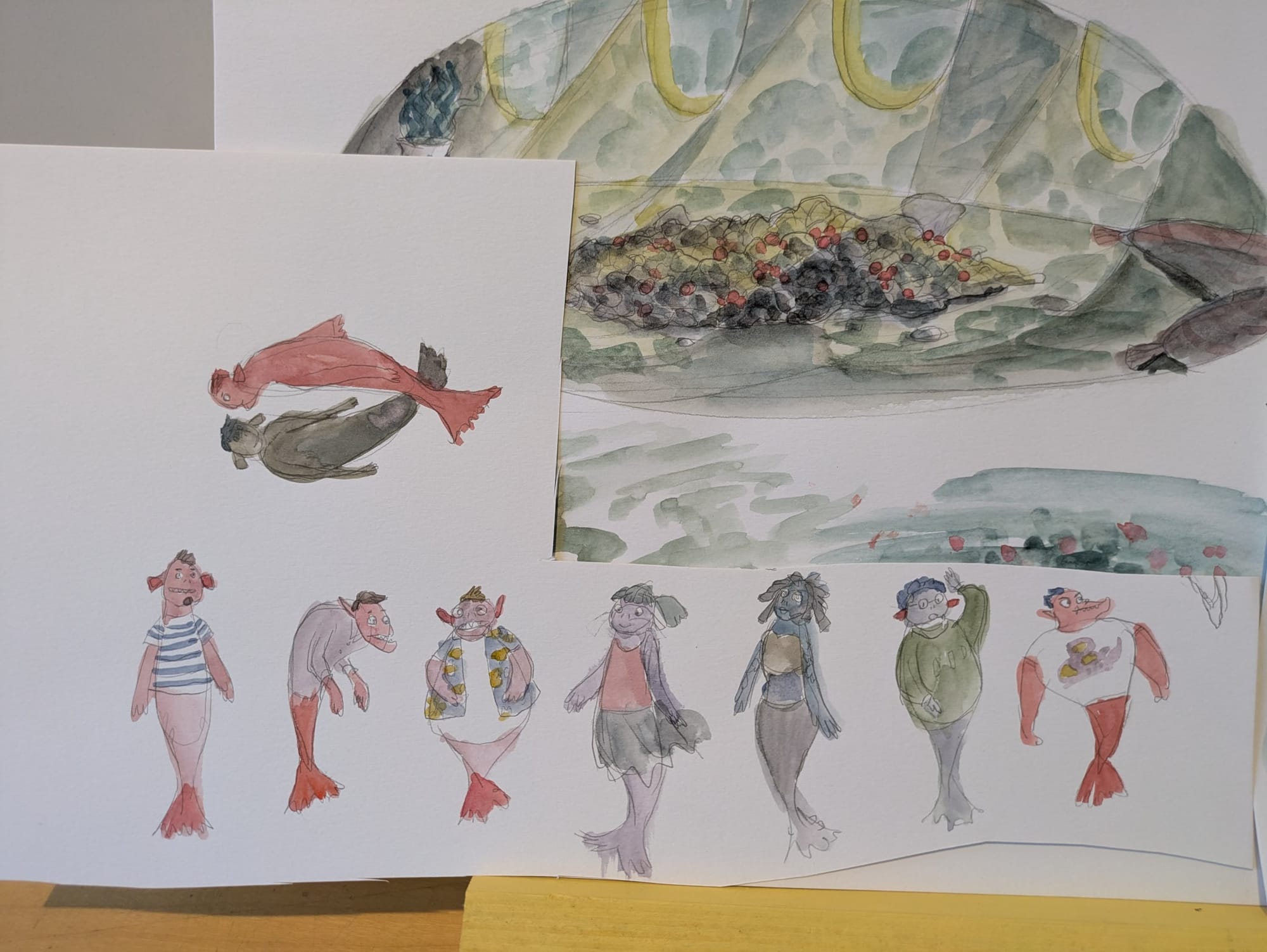 Watercolor lineup of salmon-people character designs