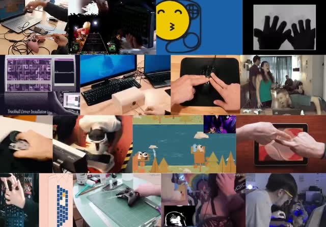 A mosaic of small photos of hands, pets and household objects used as game controllers in past ALT+CTRL@home entries