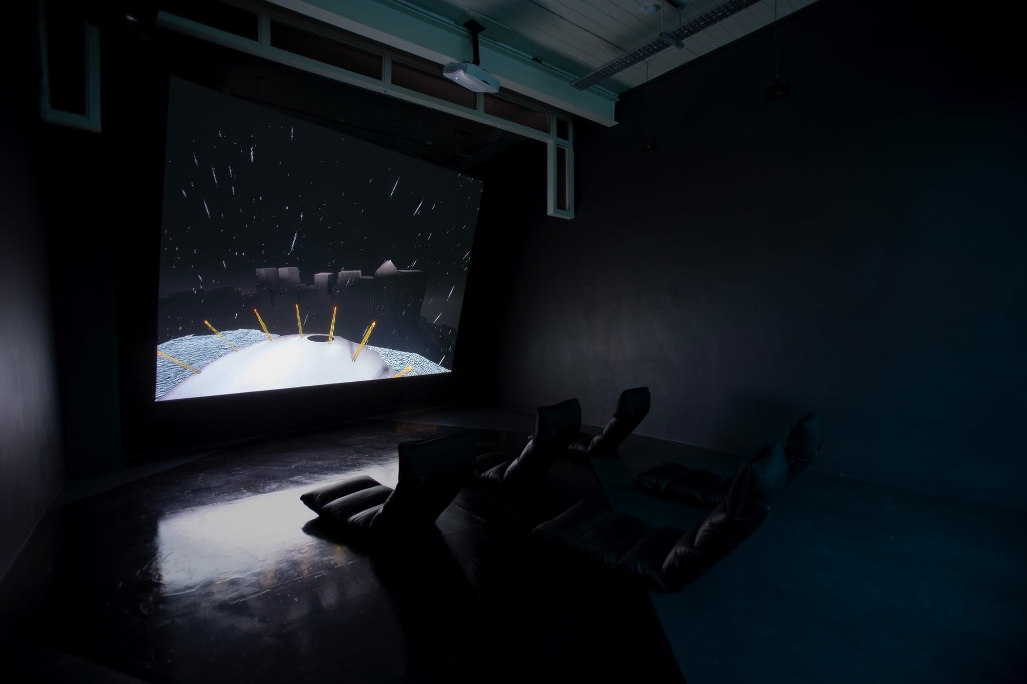 Degular onscreen in a game-engine animation of the London Docklands at Chemist Gallery