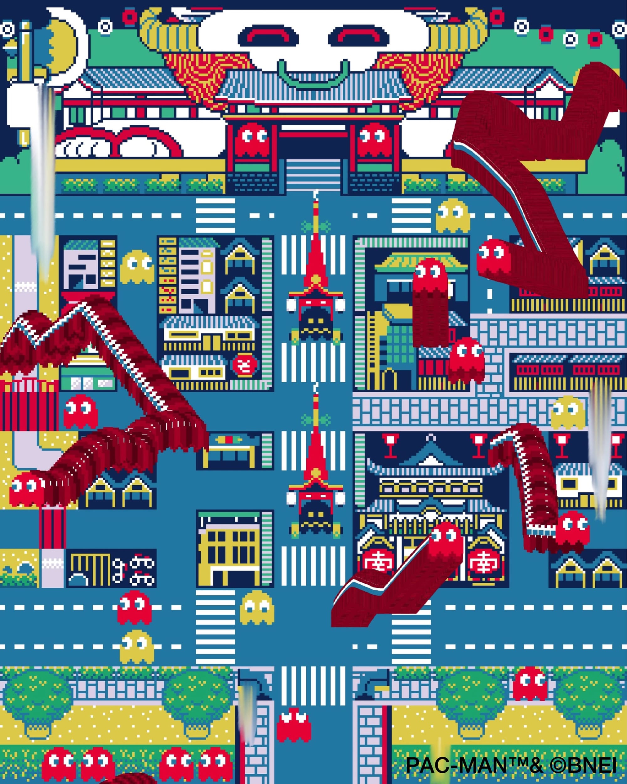 Full vertical pixel panorama of Kyoto filled with PAC-MAN ghosts, Ghost Gion Matsuri by Takakurakazuki