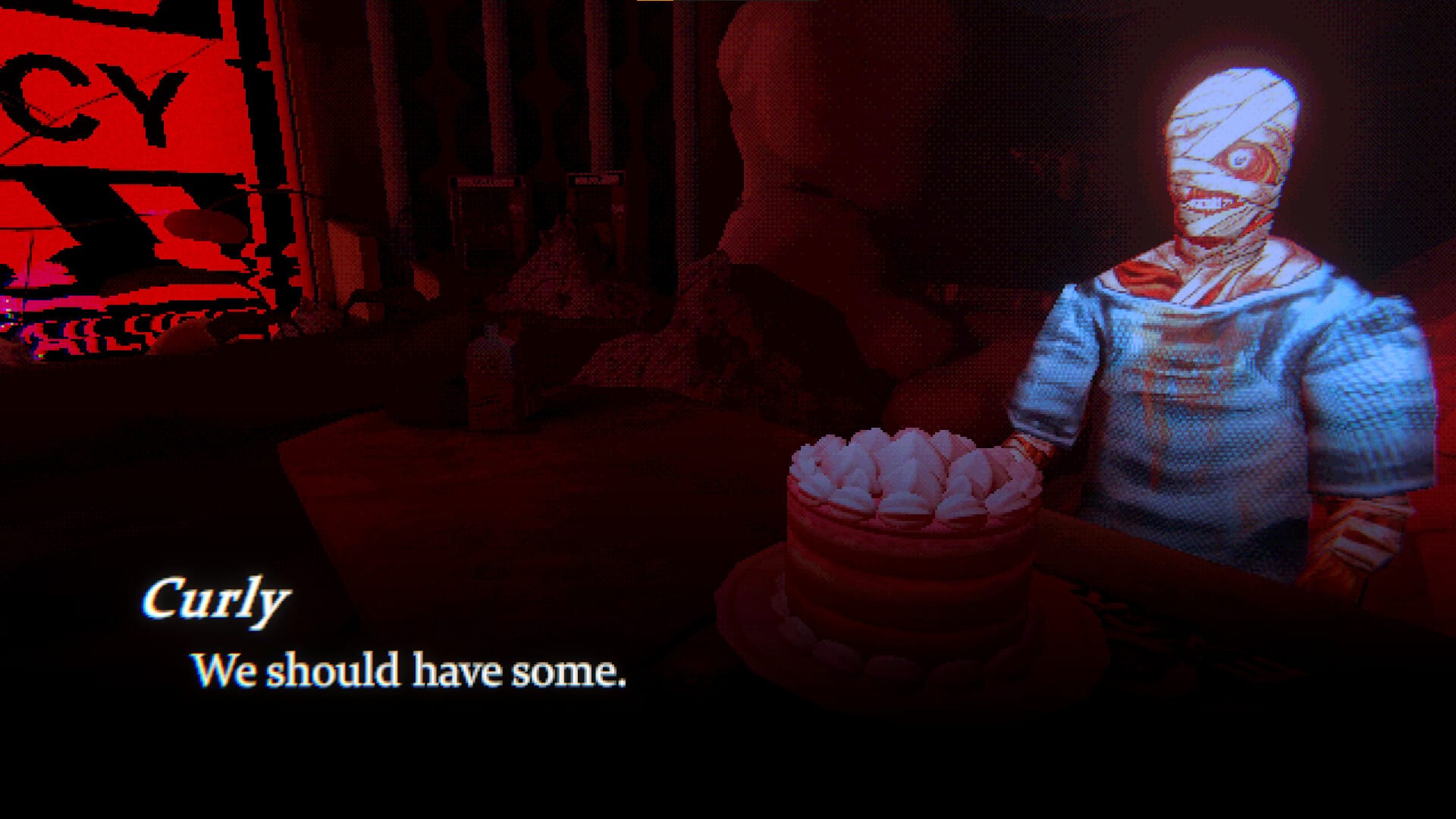 The bandaged Curly sits beside a birthday cake in Mouthwashing