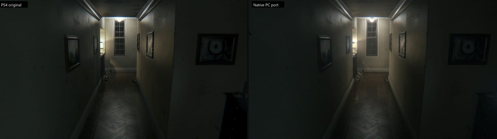 Two near-identical views of the same dim hallway side by side, the left labeled Original and the right labeled Native PC port.