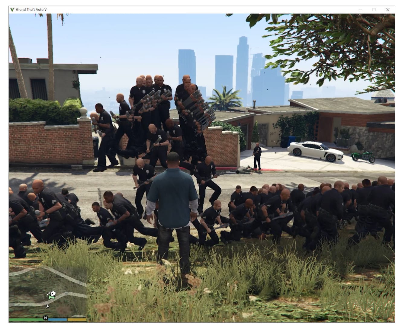 A crowd of police officers piles up on a Los Santos street around the player character, in a still from Why don't the cops fight each other?