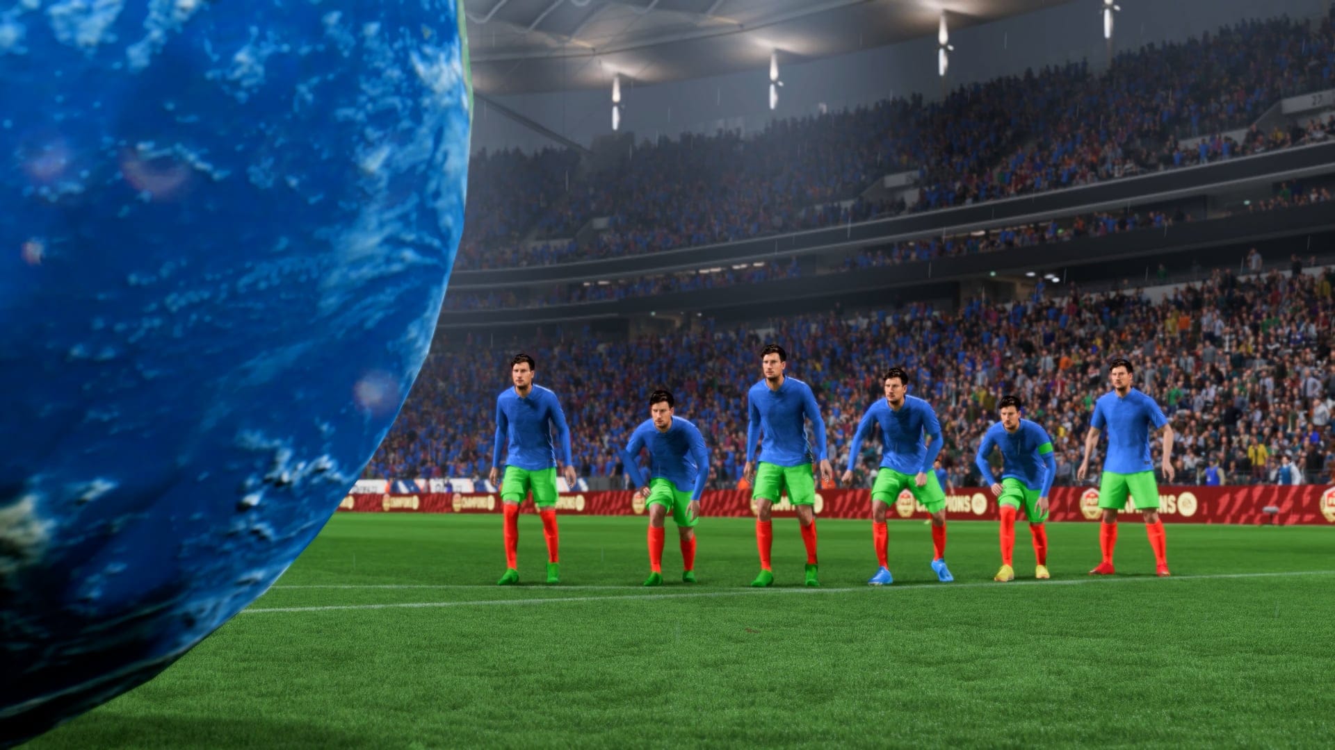 A row of identical soccer players stands in a stadium beside an enormous globe, in a still from World at Stake.