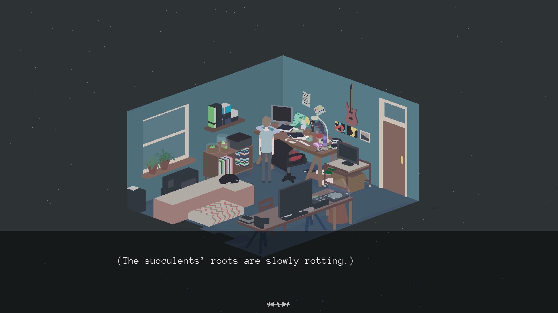 a screenshot from the game 29,, showing a character facing away from camera with the text "the succulents roots are slowly rotting"