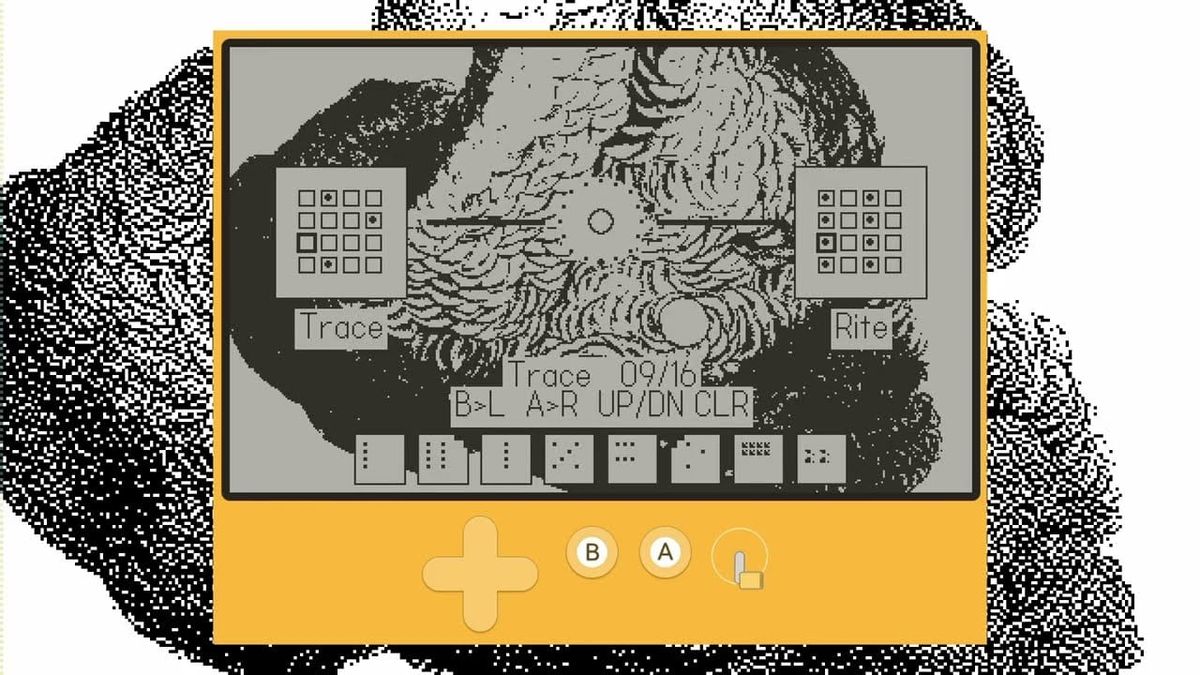 A still from the Ancient Loops trailer showing the Playdate sound toy’s monochrome card graphics.