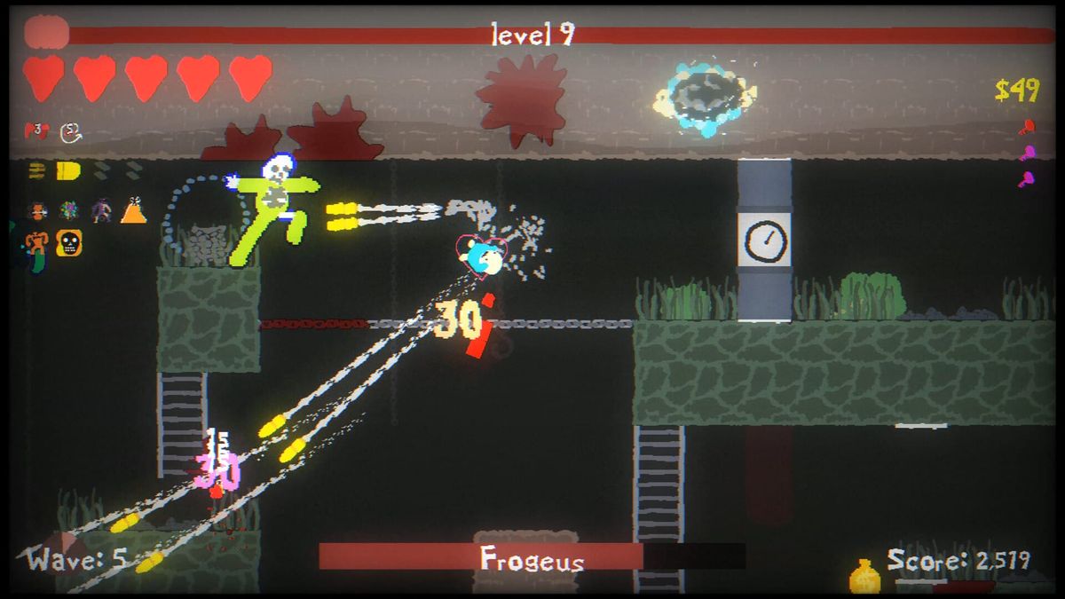 A small character fires streams of bullets across a platform-filled dungeon room in Blood Dungeon