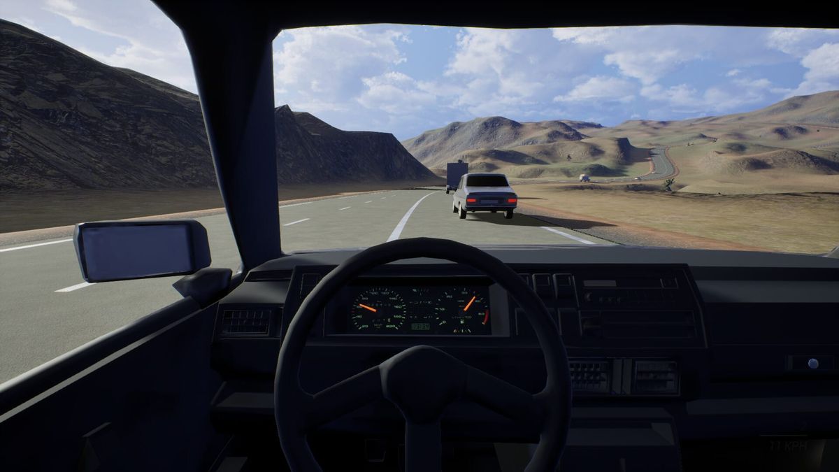 A first-person view from behind the wheel in Boring Car Stories: Maghrebine, a leather notebook mounted at the edge of the windshield