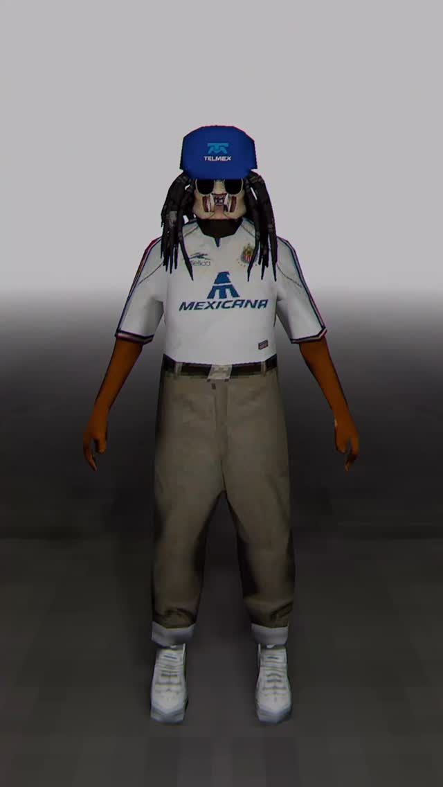 Low-poly 3D model of a man with dreadlocks wearing a blue cap and white airline jersey, rendered in PlayStation 2-era graphics