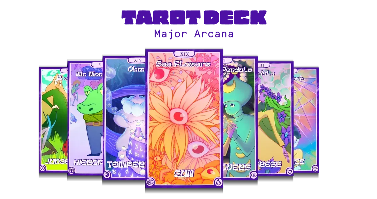 Fanned colorful tarot cards beneath the words Tarot Deck Major Arcana