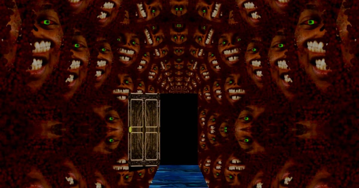 A weathered wooden door stands open in a dark corridor whose walls are patterned with repeating faces