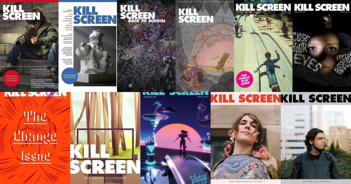 The covers of all eleven issues of Kill Screen magazine in a grid