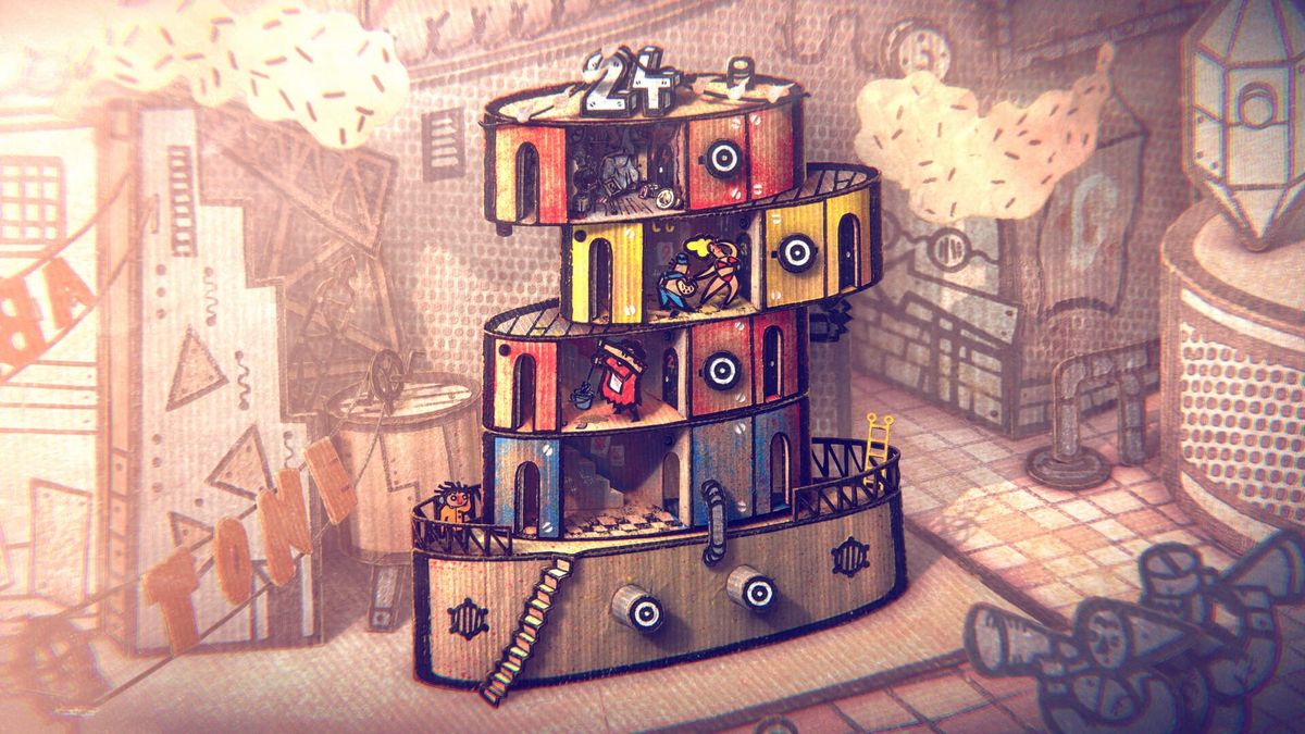A cardboard tower of stacked market stalls in a hand-built city