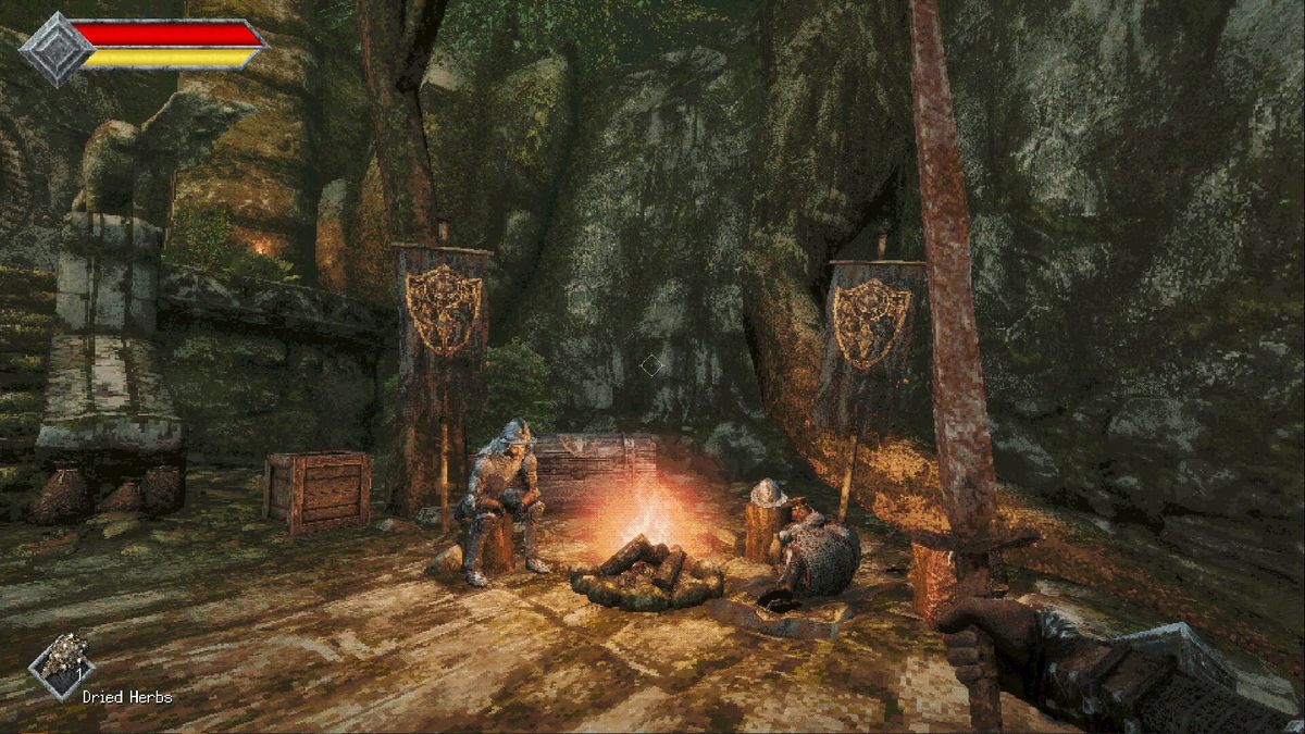 A first-person view of a low-resolution dark fantasy landscape in Queen’s Domain