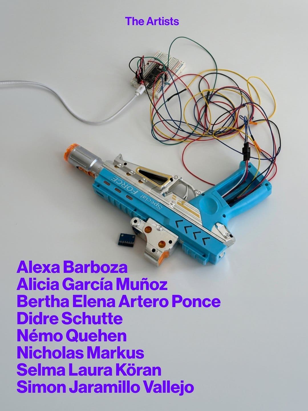 A toy blaster rewired with a tangle of jumper cables, above a list of the eight exhibiting students
