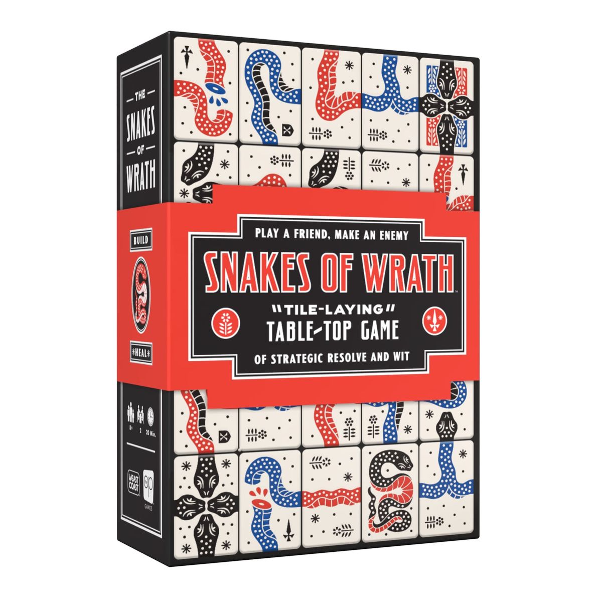 The Op edition box of Snakes of Wrath, covered in red, blue, and black snake tiles